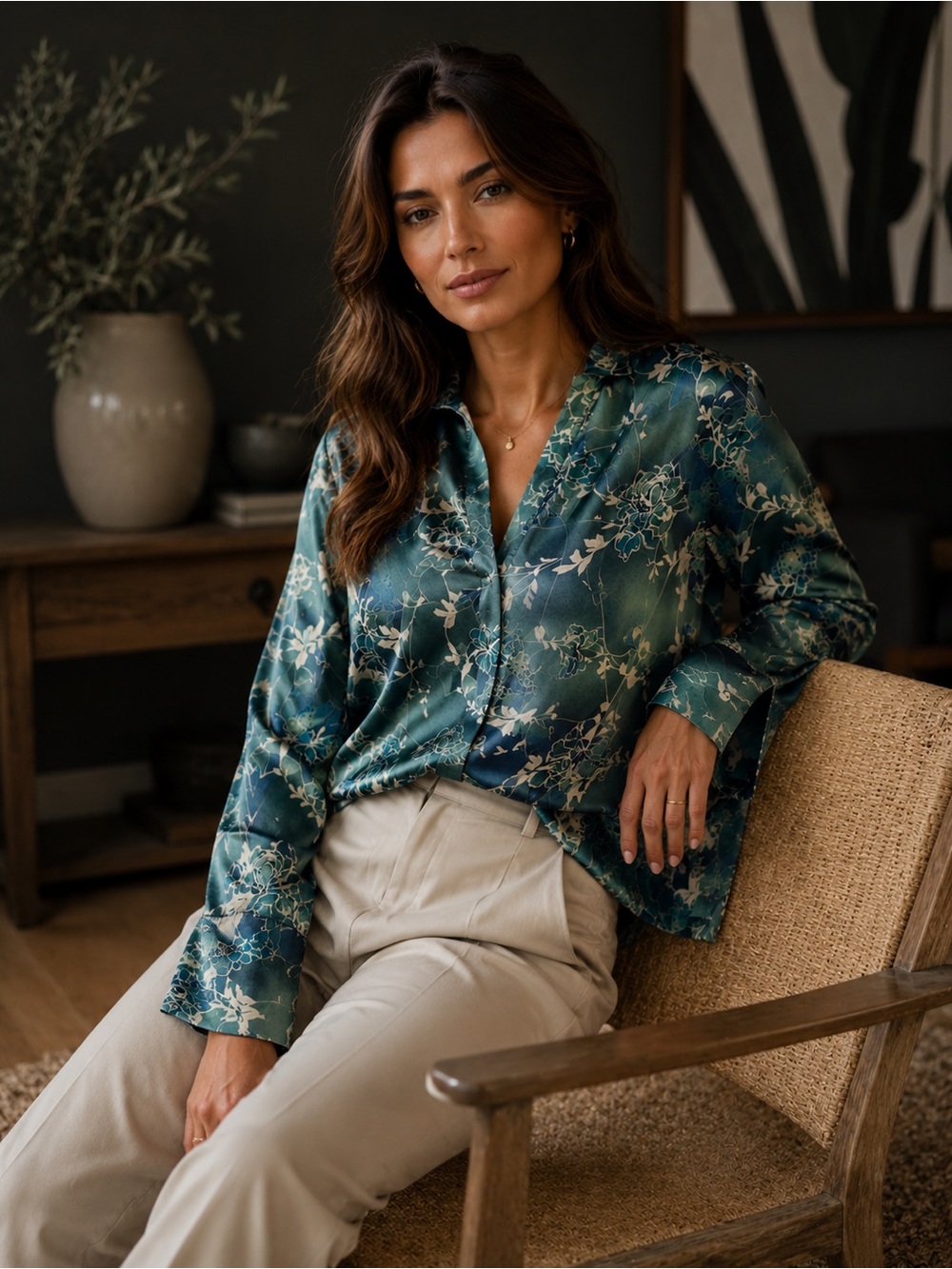 Floral Satin Blouse Size 12 Hidden Button Placket Split Hem Long Sleeve
